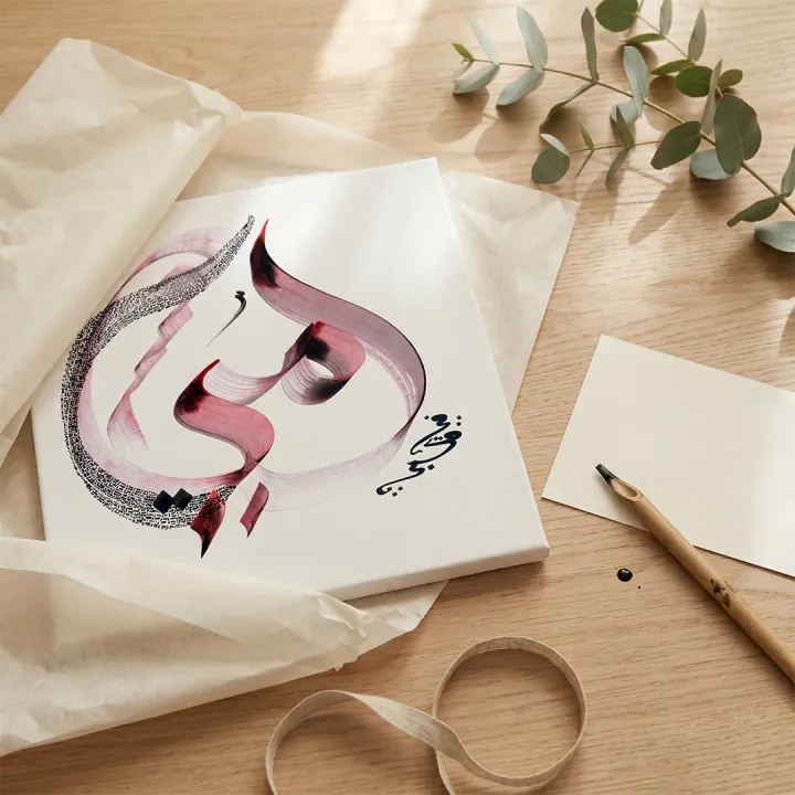 A calligraphy canvas resting on tissue paper beside a ribbon and a calame