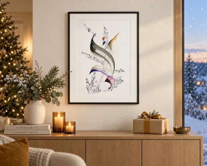 Framed personalized calligraphy above a sideboard, with candles and a wrapped gift